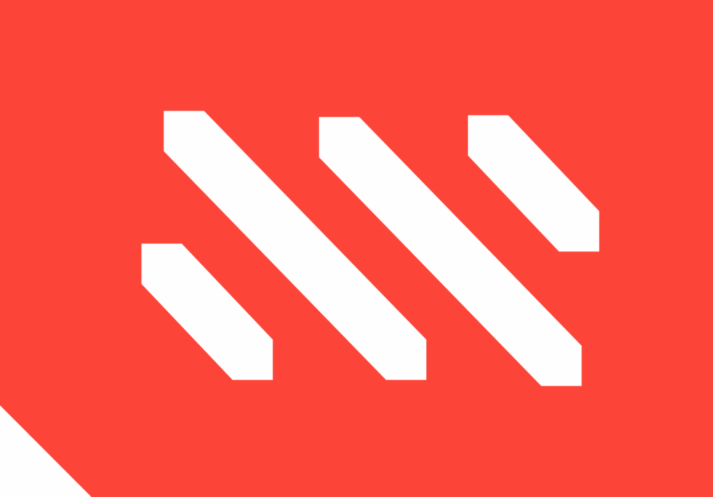 White diagonal bars form an abstract geometric pattern on a red background with a small triangle in the bottom left corner.