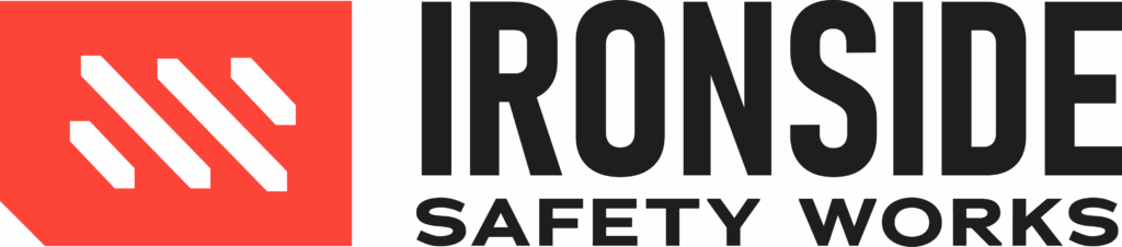 Logo with a red shield on the left containing white diagonal lines, and the words "IRONSIDE SAFETY WORKS" in bold black letters to the right.