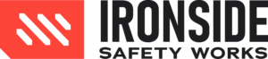 Logo with a red shield on the left containing white diagonal lines, and the words "IRONSIDE SAFETY WORKS" in bold black letters to the right.