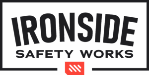Logo with the words "IRONSIDE SAFETY WORKS" in bold black letters, framed by a black rectangle with a small red emblem at the bottom center.