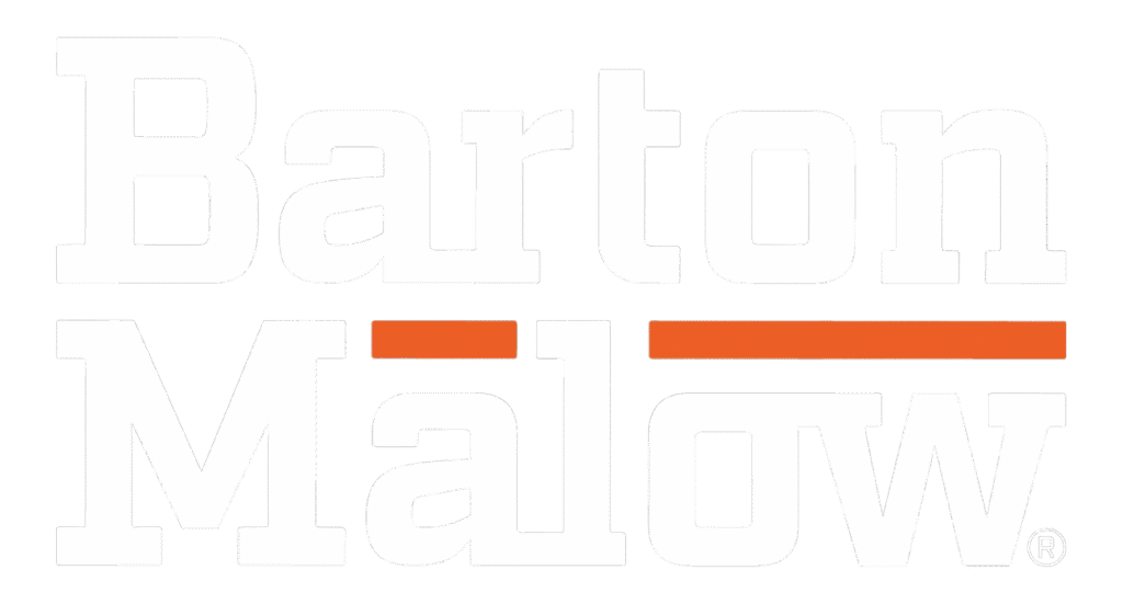 Barton Malow logo with the company name in bold white letters and two horizontal orange bars above "a" and "o" in "Malow" on a light gray background.