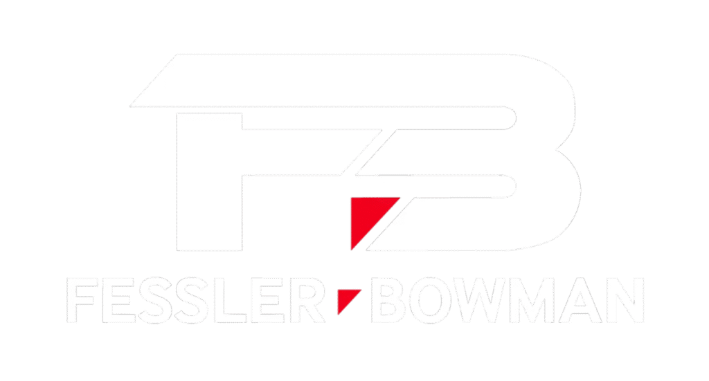 White "FB" initials logo with two red triangles, above the text "Fessler Bowman" in white, all on a light gray background.