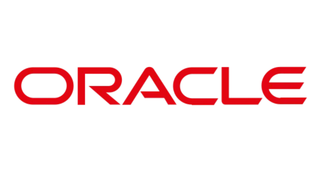 The image shows the Oracle logo, featuring the word "ORACLE" in bold, red, uppercase letters on a white background.