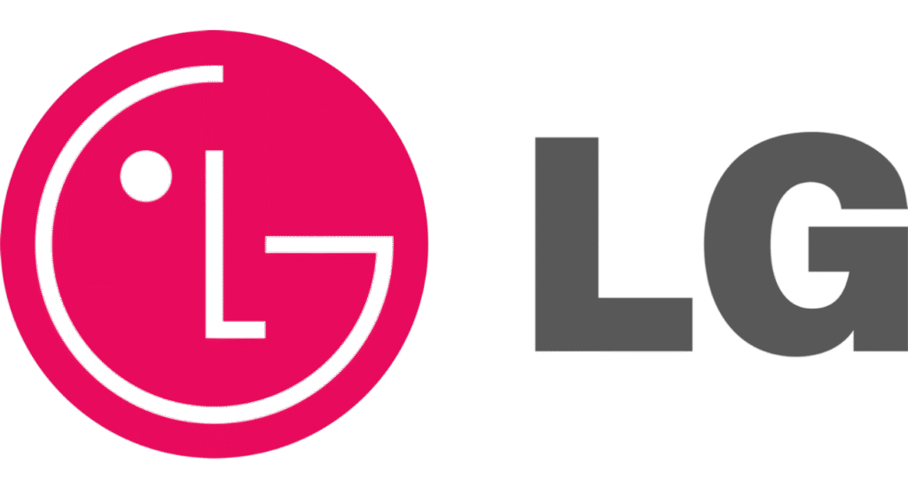 The image shows the LG logo, featuring a stylized red circle with an "L" and "G" inside, next to the gray letters "LG.