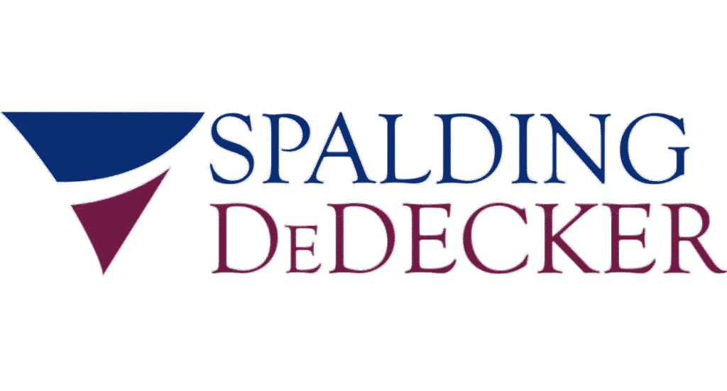 Spalding DeDecker logo with a blue and maroon geometric design on the left and the company name in blue and maroon text on the right.